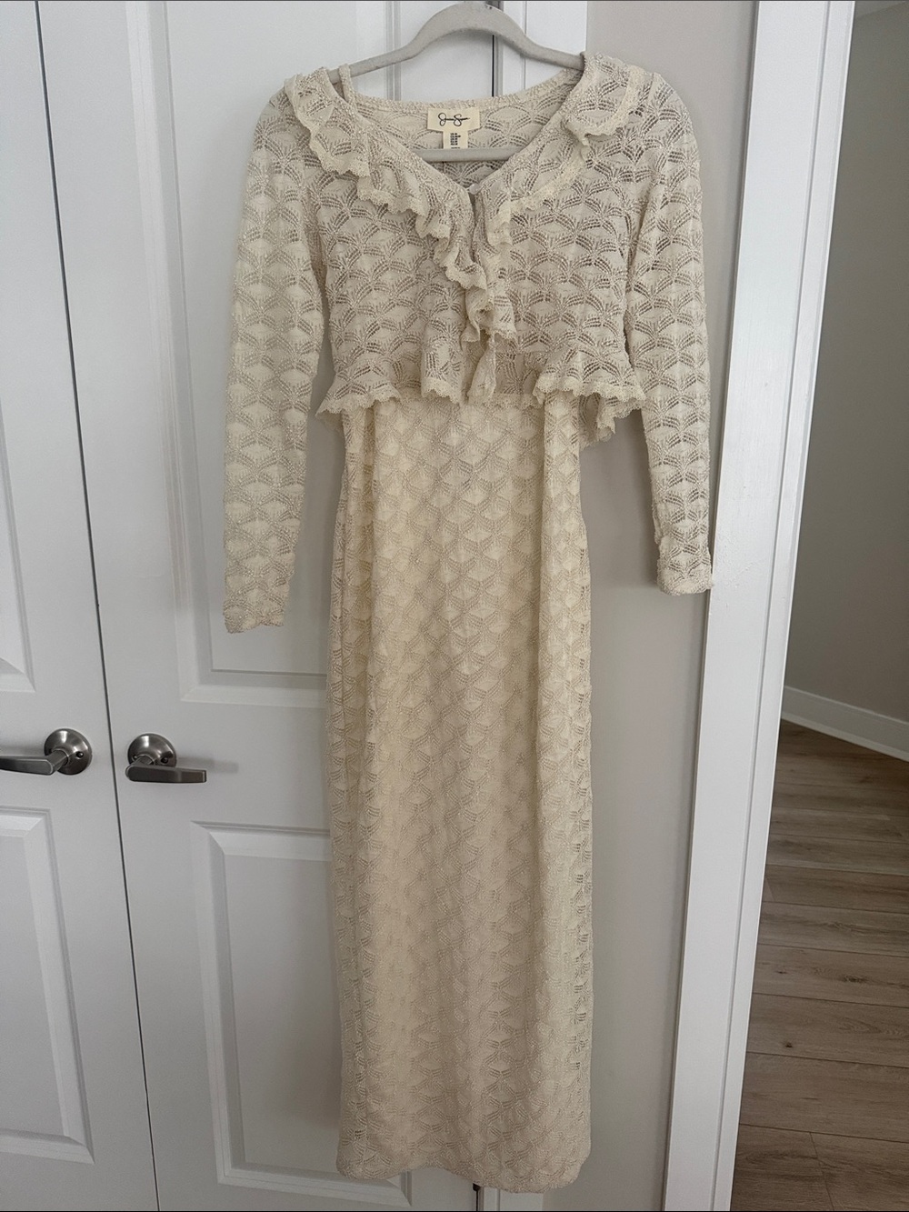 Jessica Simpson Cream Lace Maxi Dress with Ruffled Bolero
